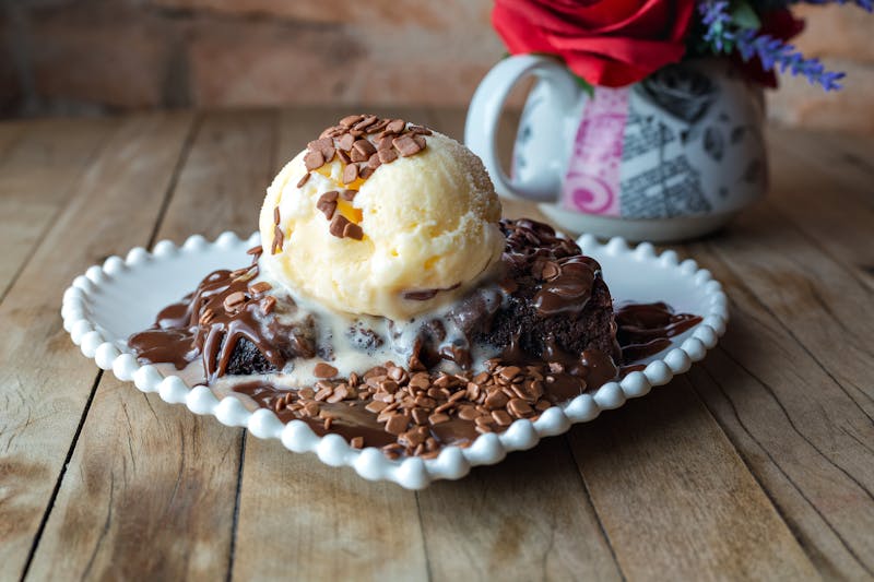 Warm chocolate brownie with vanilla ice cream dessert